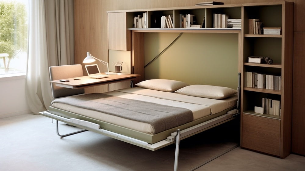 Simple murphy bed with bookshelves and a desk next to it