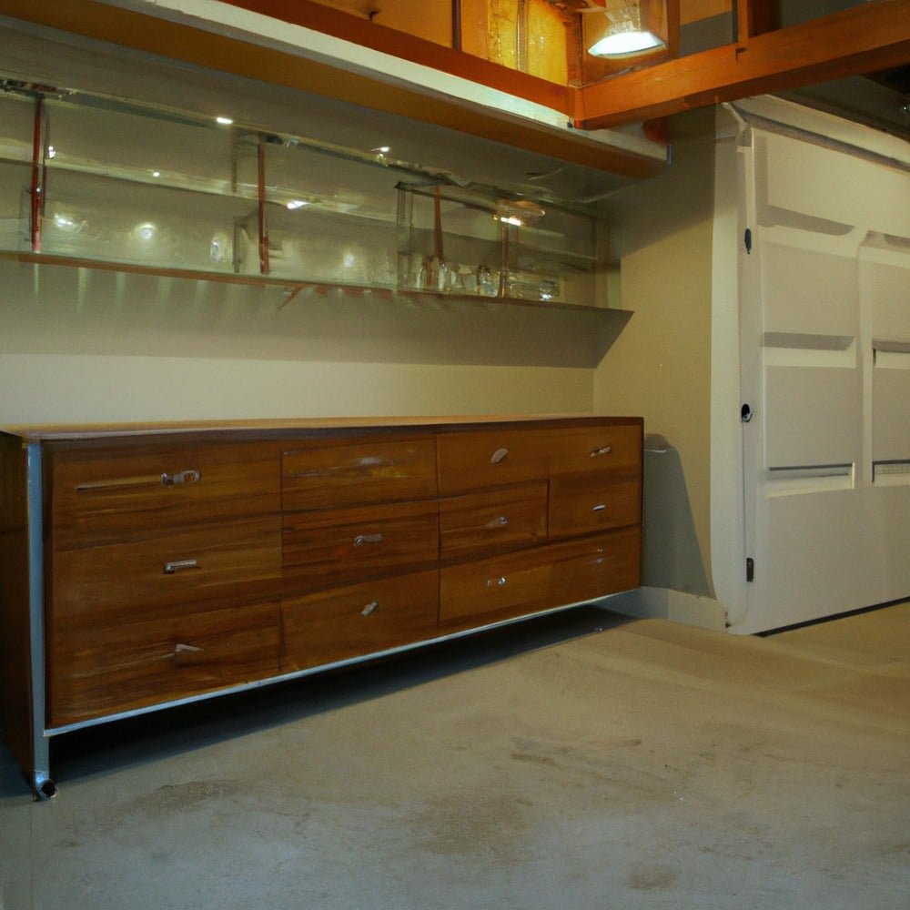 Wooden garage drawers and glass section