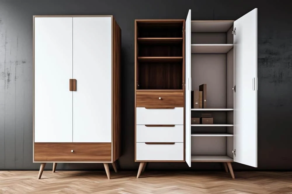 The Power of Simplicity: Embrace Elegance with These 14 White Wardrobe Closet Ideas 15 White and brown standing closets with drawers and open doors