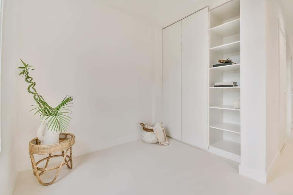 Small white built in closet with open shelves