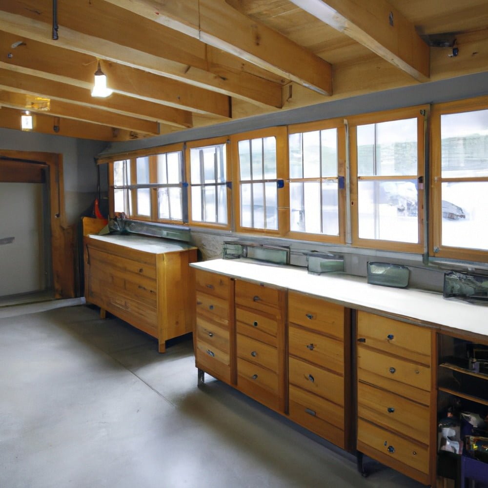 Wooden drawers in a garage with windows