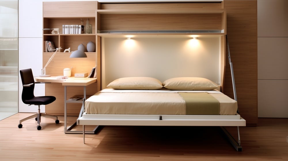 Spotlighted murphy bed design with a desk next to it