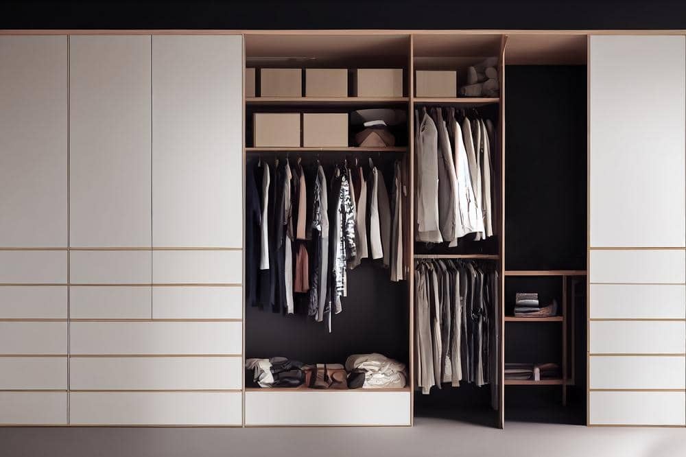 Modern wardrobe with sliding door and clothing rack inside