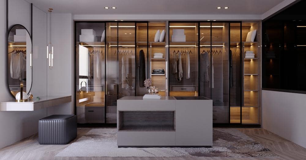 Modern dark and grey glass door closet with led lighting inside