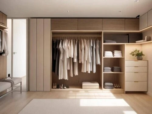 modern white and beige built in closet with hangers and drawers