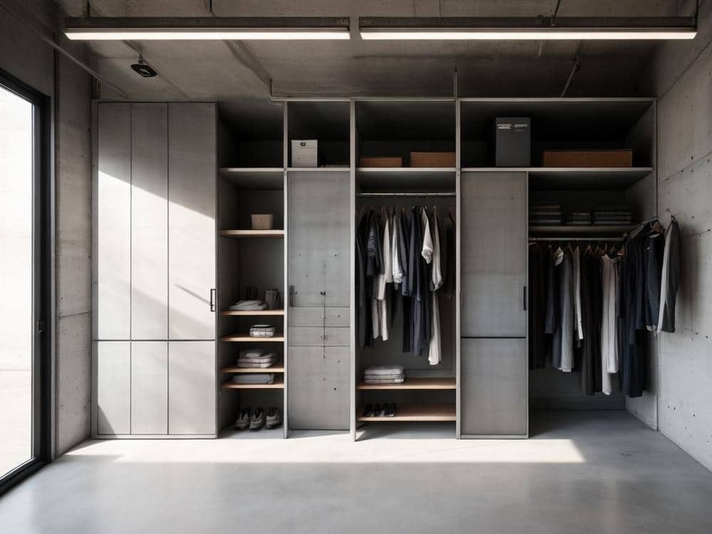 Grey concrete looking closet with hangers and open shelves
