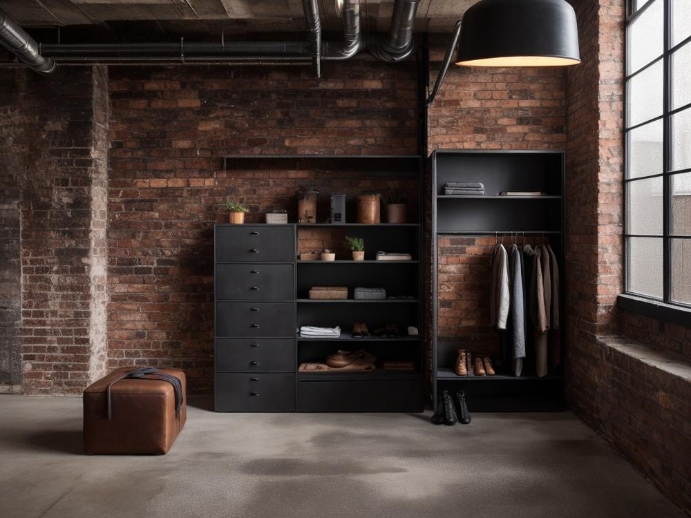 Industrial style black reach in closet in a room with brick walls