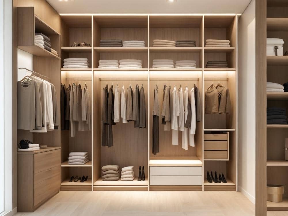 Small walk in closet led lighted sections and drawers with baskets on them