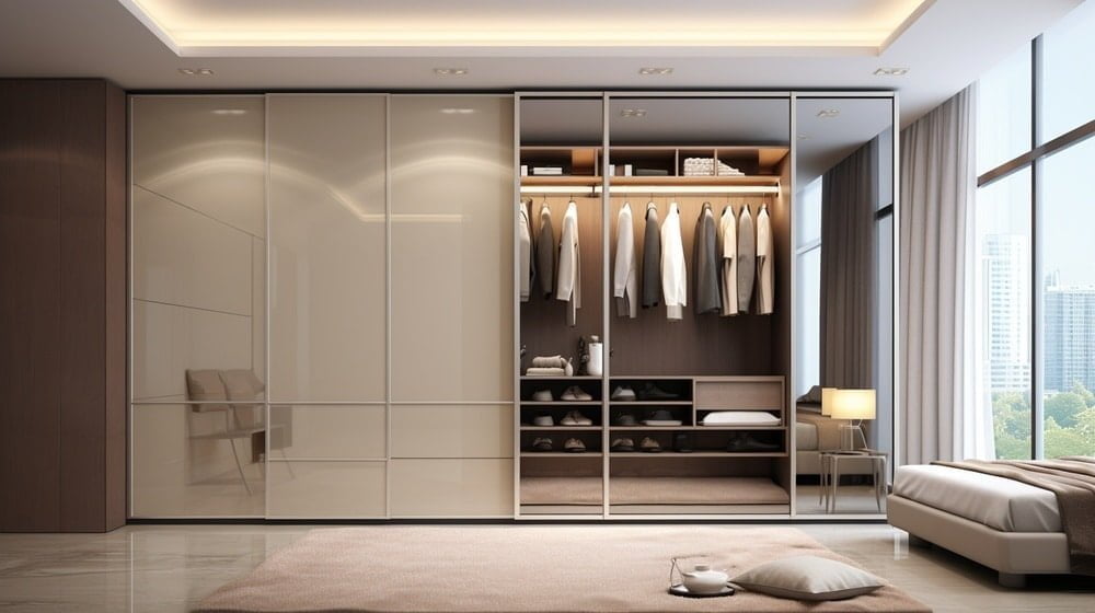 Modern glossy built in closet with sliding doors and hangers