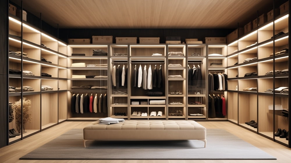 Luxurious walk in closet with lighted shelves and a wide bench