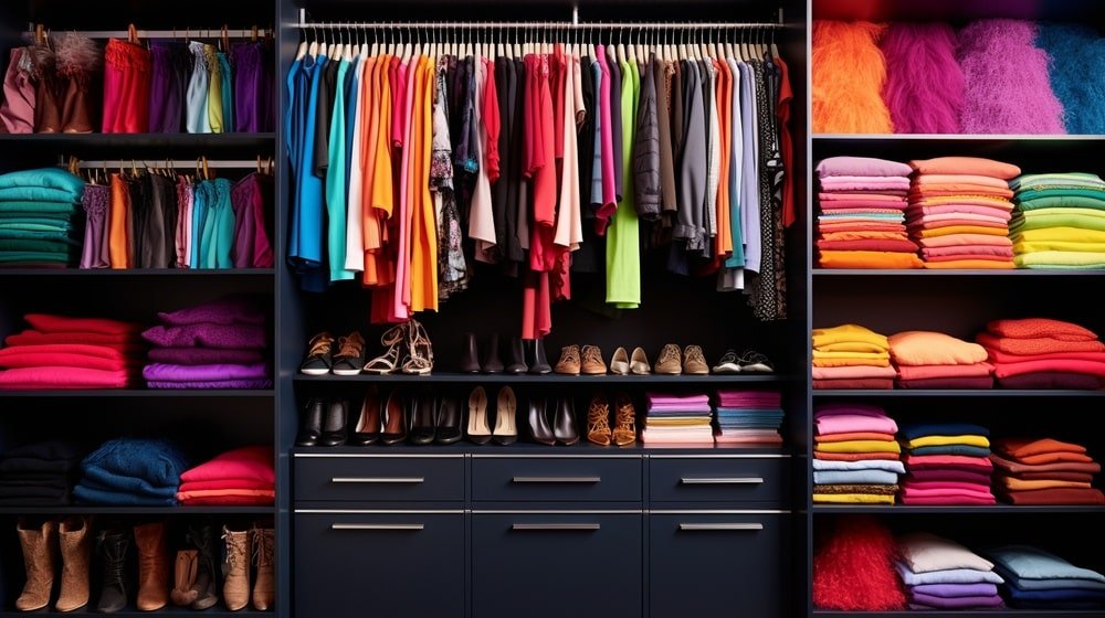 Colorful clothes in a reach in closet with drawers and hangers