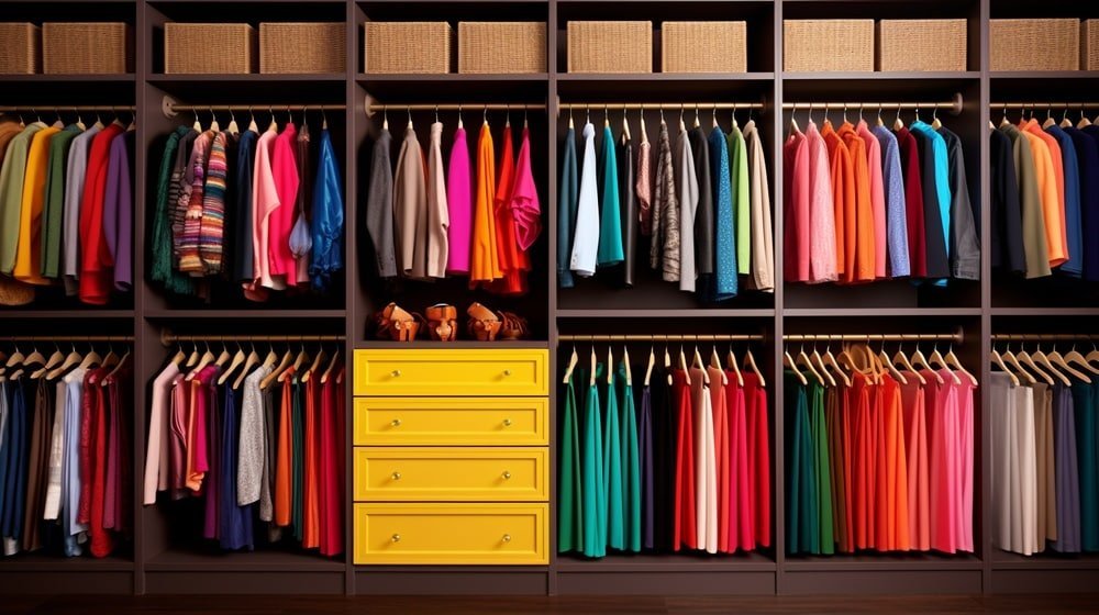Large reach in closet with color coded clothes hanging