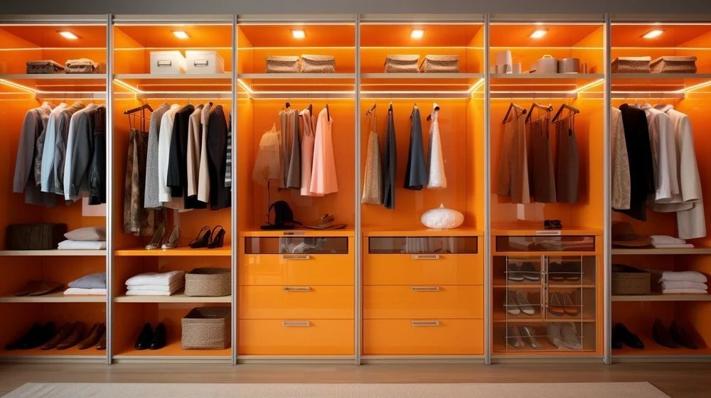 Orange reach in closet with neutral color clothes inside