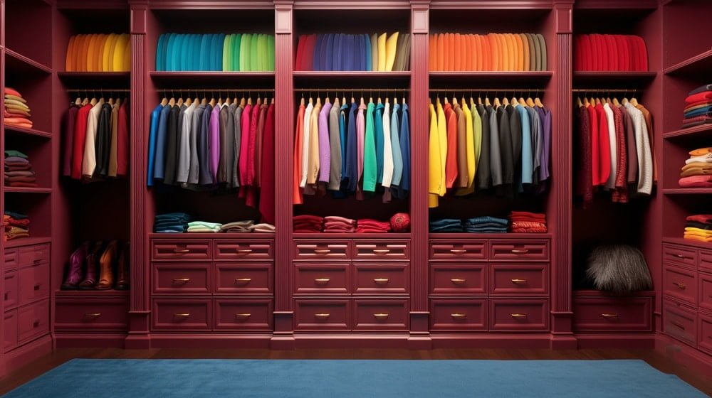 Dark wooden walk-in closet with colorful clothes hanging inside
