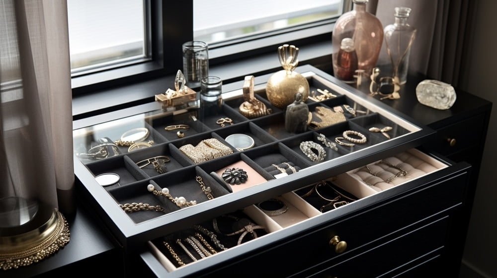 Dark colored glass counter jewelry drawer with stuff inside