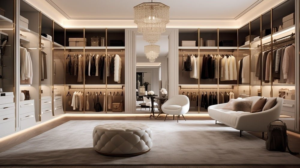 Luxurious walk in closet with nice chair and big chandelier