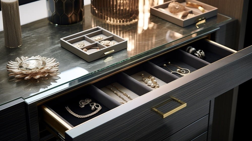 modern grey jewelry and accessory drawer pulled out halfway