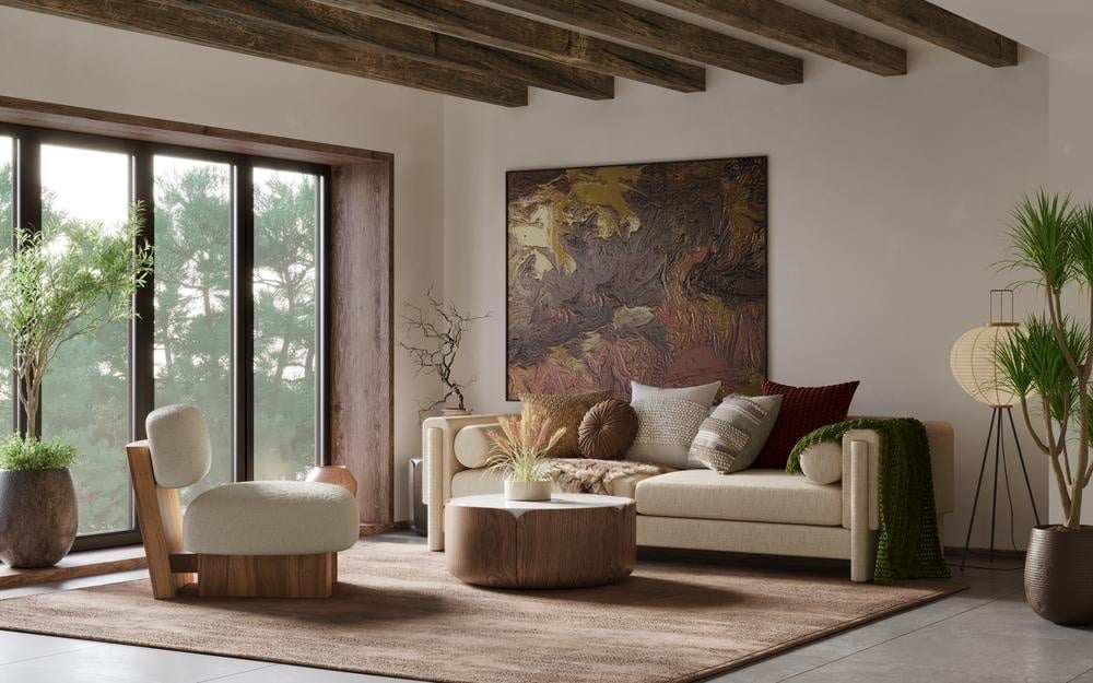 cozy living room with large windows and wood beams on the ceiling