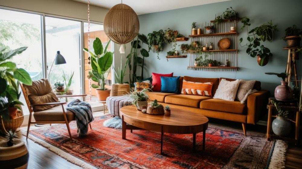 Boho style living room with wall decorations and plants
