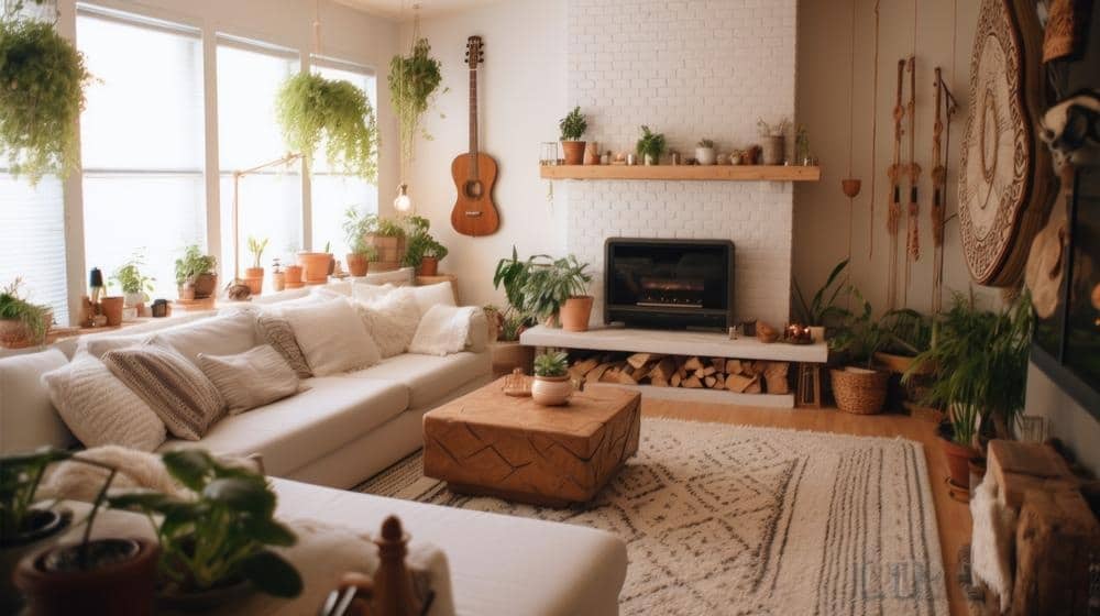 Living room with large windows that covers a wall and large white beige sofa