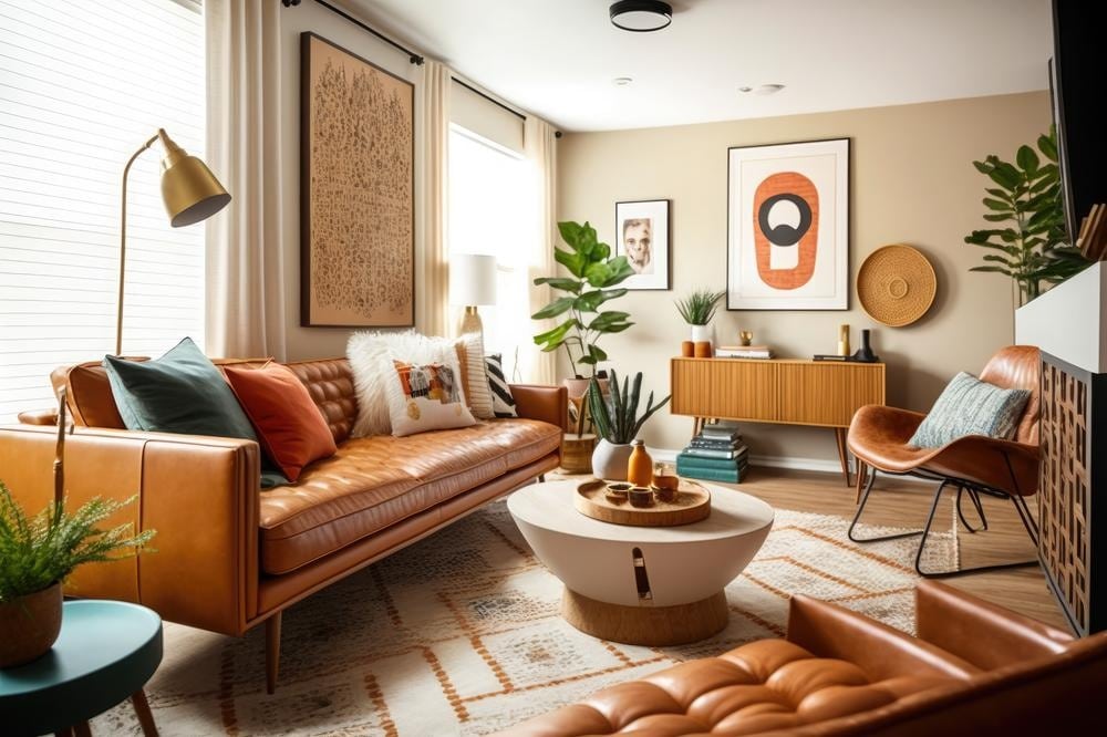 Mid century style cozy living room with brown toned furniture