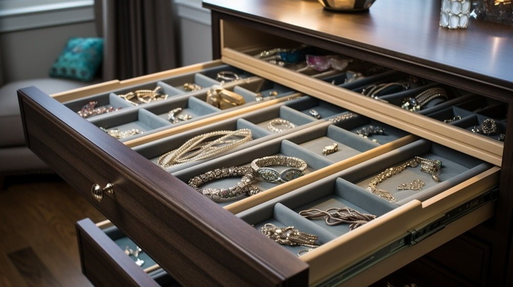 Dark wooden jewelry sectioned drawer with accessories inside