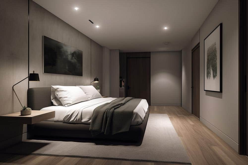 Modern dark toned minimalist bedroom with spotlights and artworks