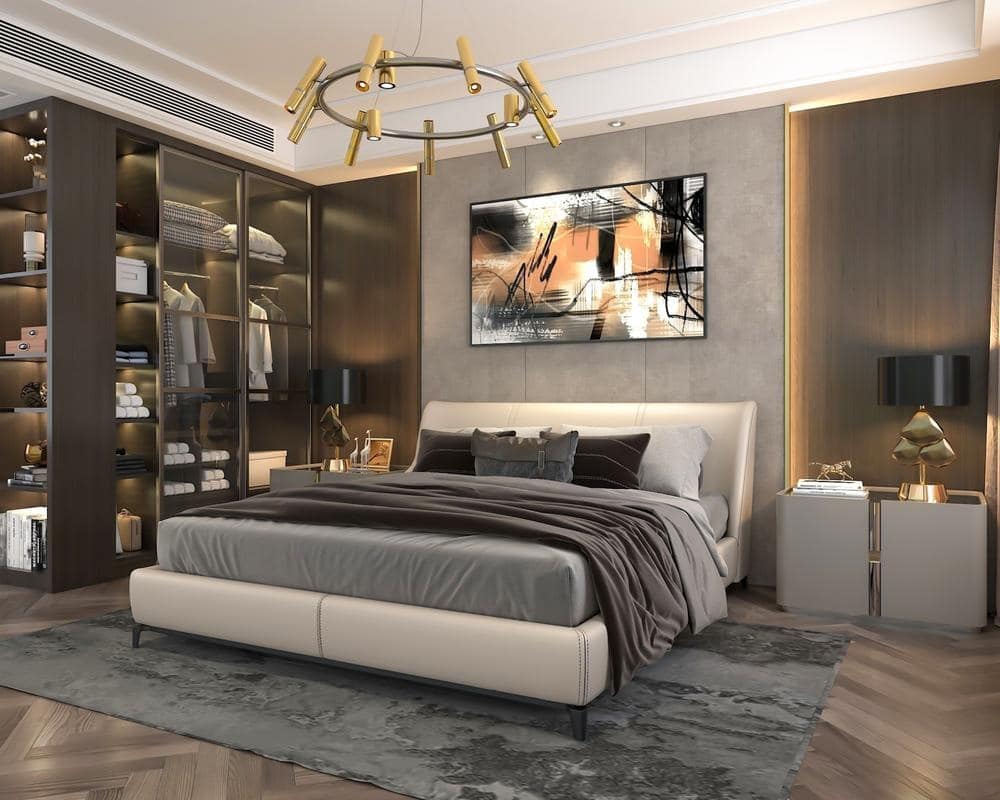 luxury modern master bedroom with grey large bed and glass door closet