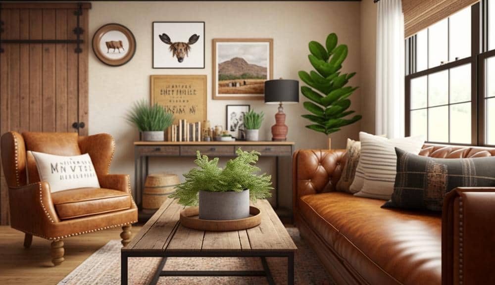 Living room with brown leather sofa and plants as decoration