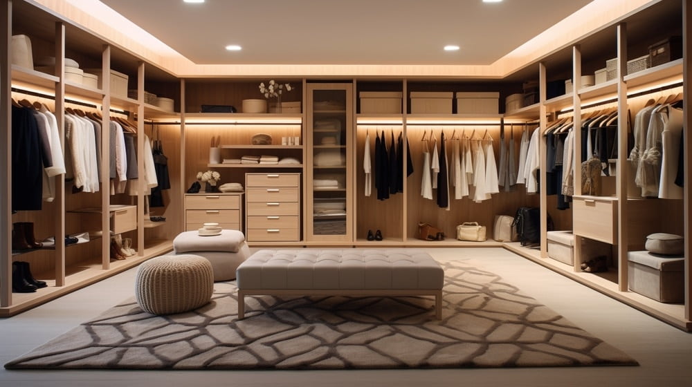 Modern walk in closet with spotlights and led lights illuminating the room