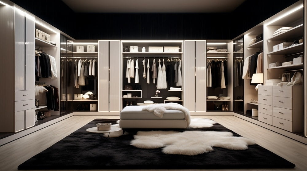Black and white walk in closet with clothes hanging