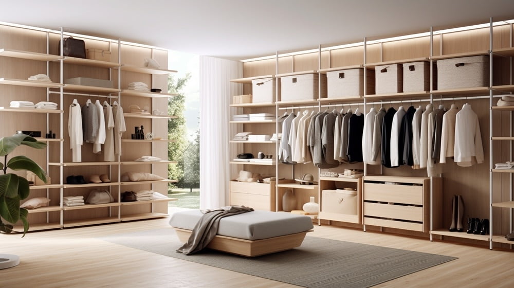 Large airy walk in closet with open shelves and drawers and hangers