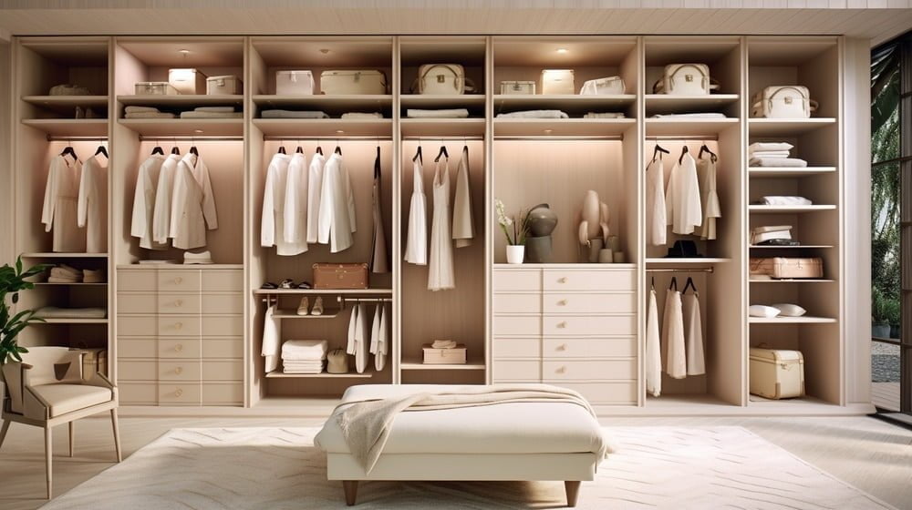 Closet design ideas for white bedrooms with hanging rods and shelves