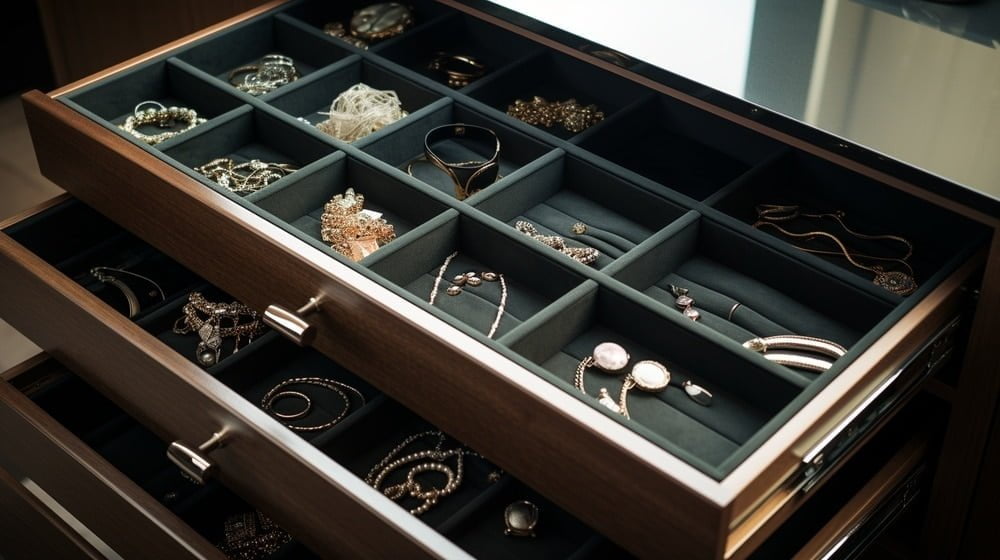Elegant drawers with dark green sections for jewelry