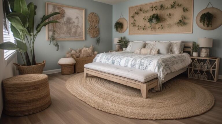 Coastal tyle bedroom with plants and wall decors and a rug