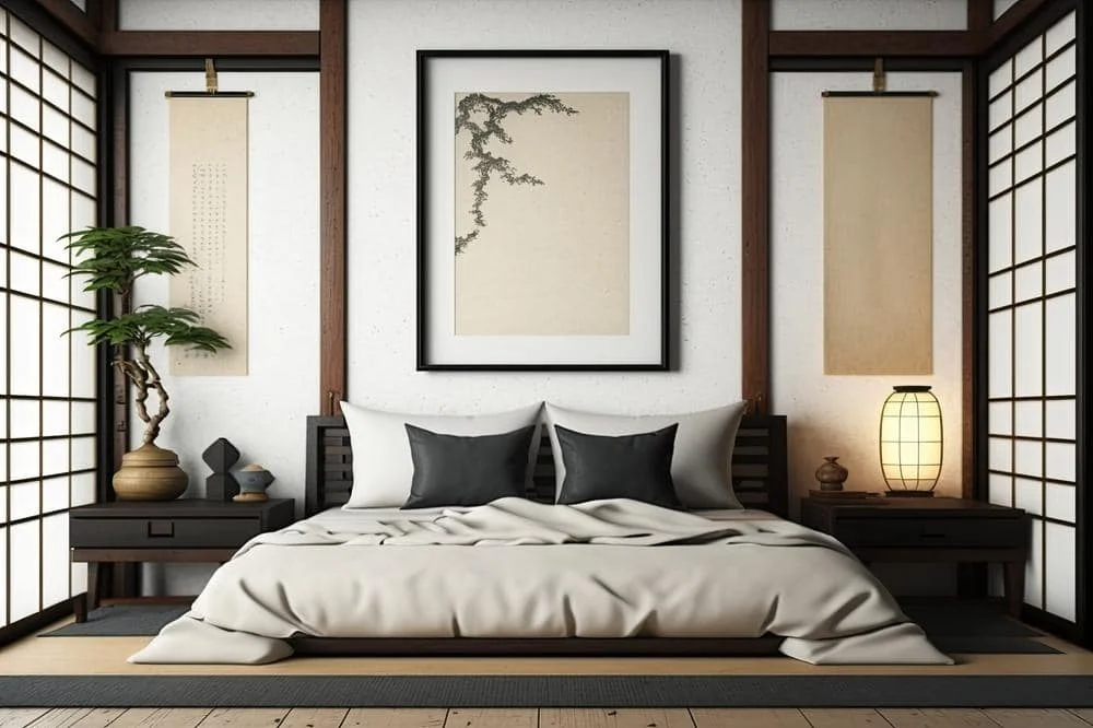 Japanese style bedroom with wall hung art and japanese style walls