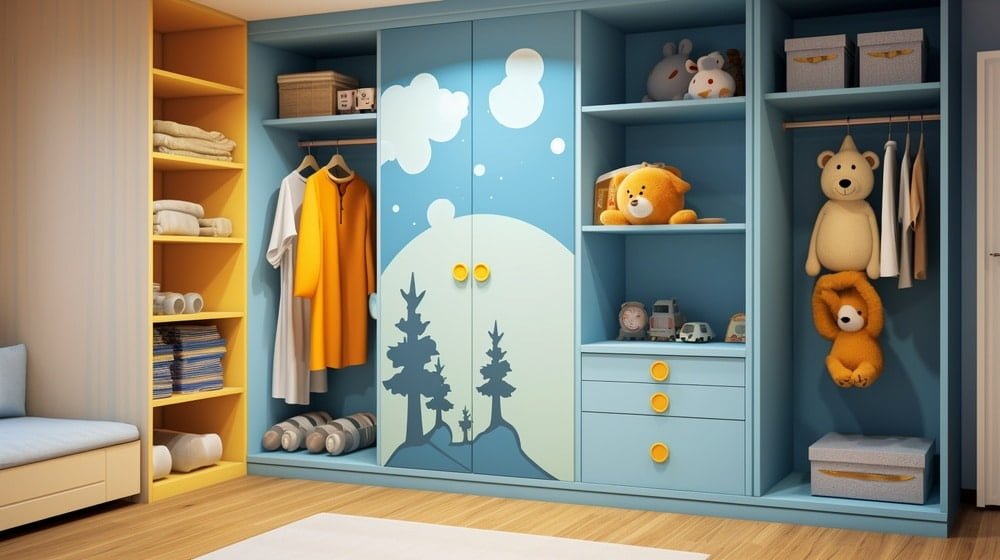 Blue kid closet with paintings on it
