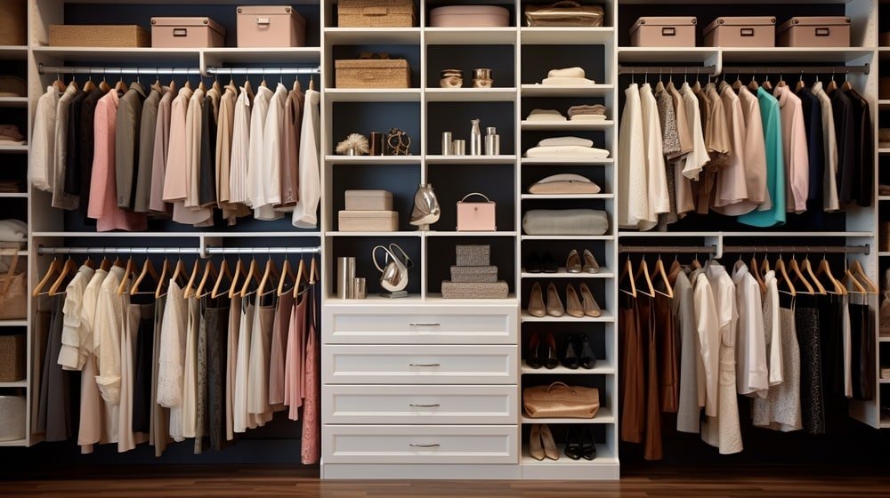 Built in closet with hangers and divided shelves that has folded clothes on them