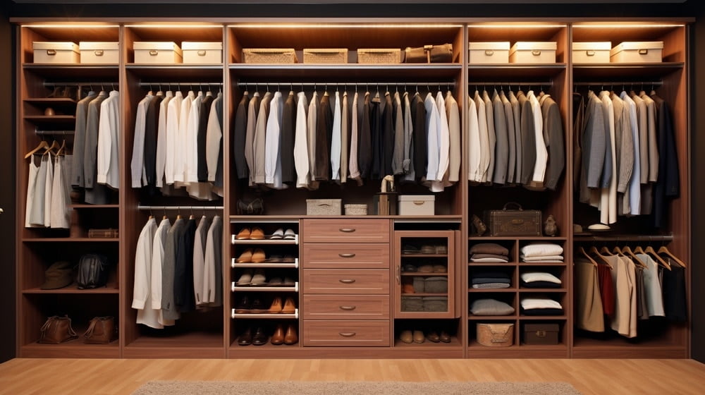 Wooden classic style built in closet with rods, drawers and clothes hanging inside walk-in closet organizers