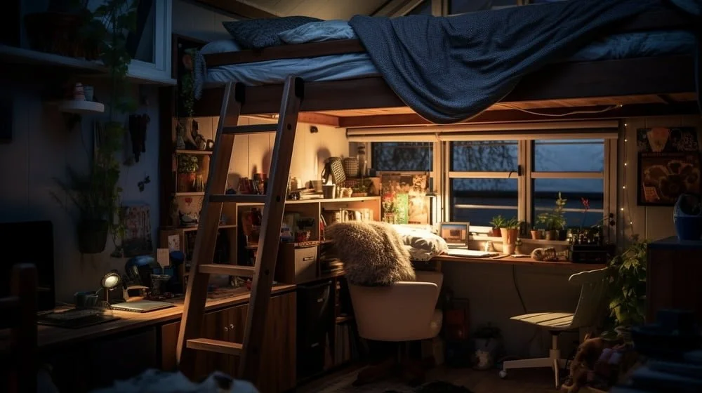 Small Space, Big Style: 10 Loft Bed Ideas to Make the Most of Your Room 1 Less illuminated room with loft bed and working space under it