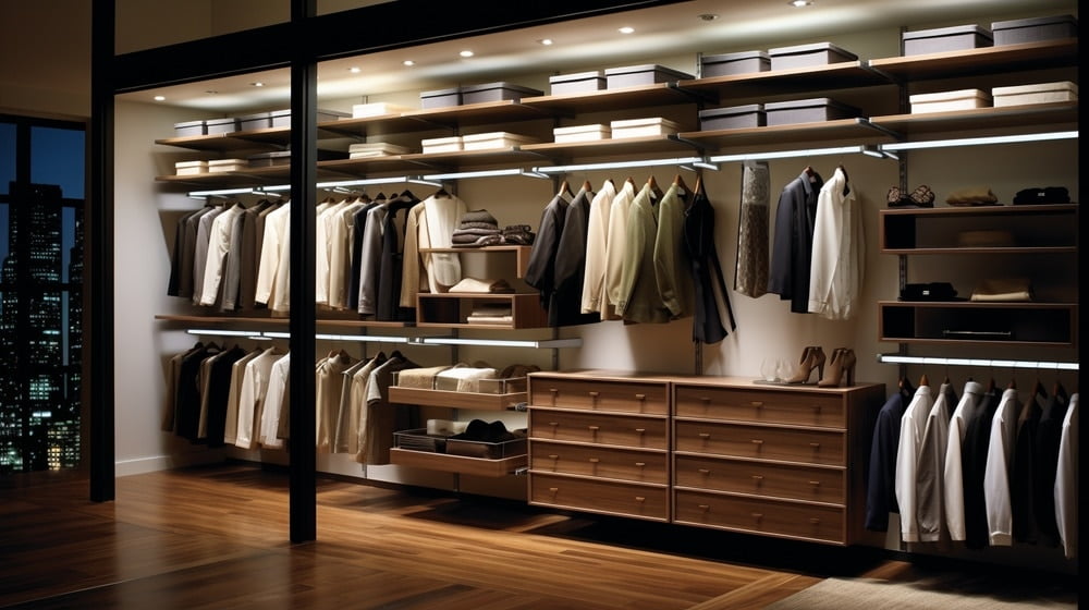 Contemporary style reach-in closet with open shelves and led lighting
