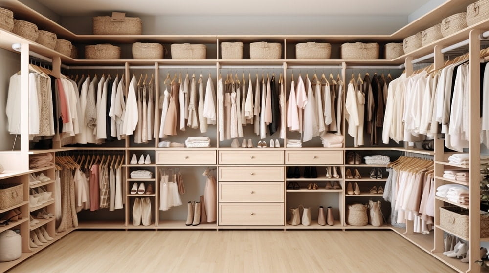 Walk in closet with clothing rods and white color drawers