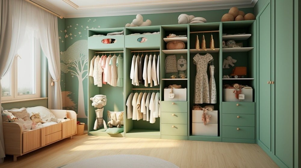 Green kids room with reach in closet