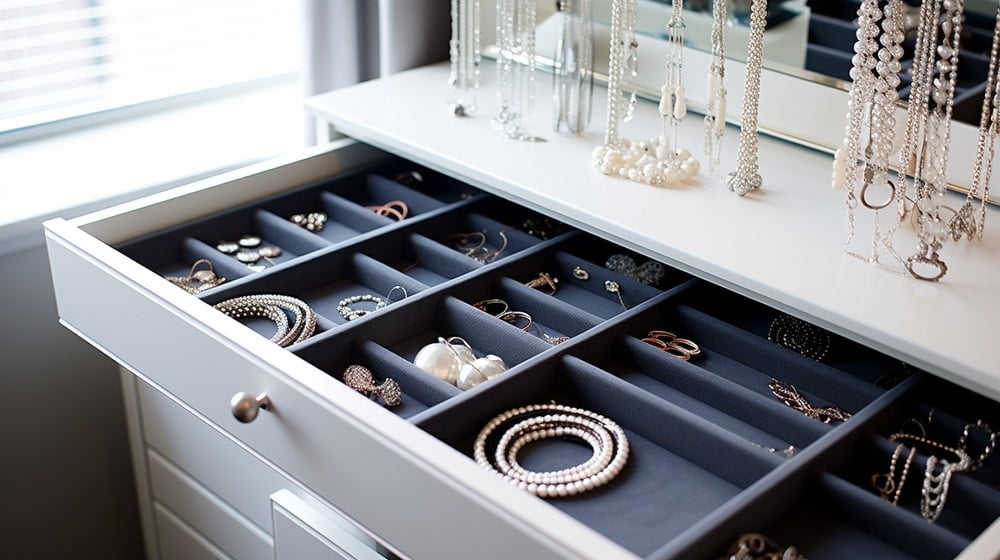 A jewelry organizer with white drawer and black interior