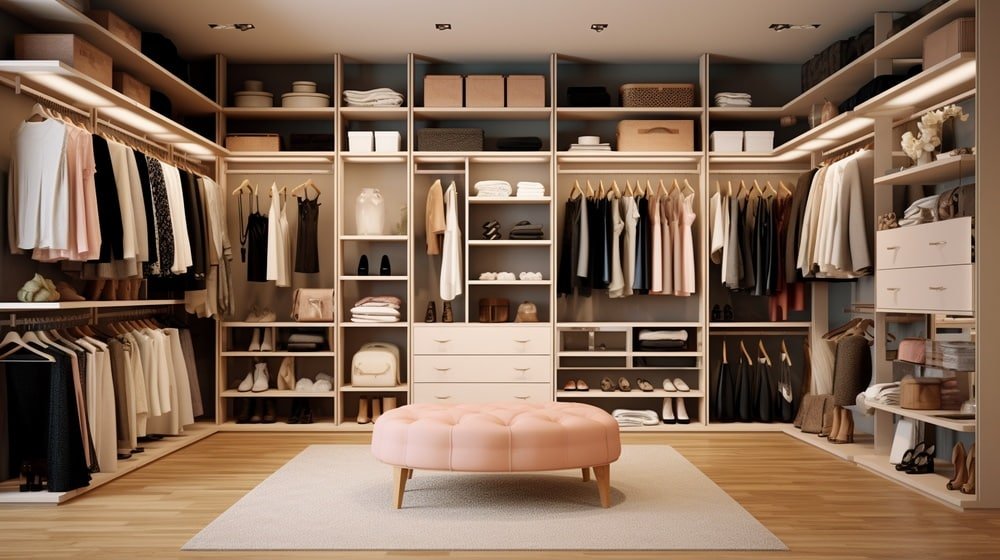 Large walk in closet with pink ottoman in the middle