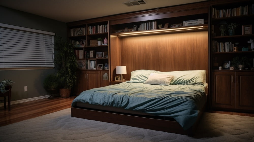 Large murphy bed with led lights above it and has grey sheets