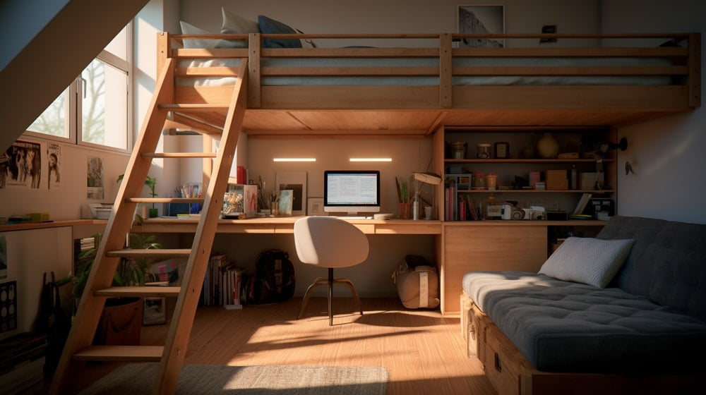Wooden loft bed and sofa with table under the bed