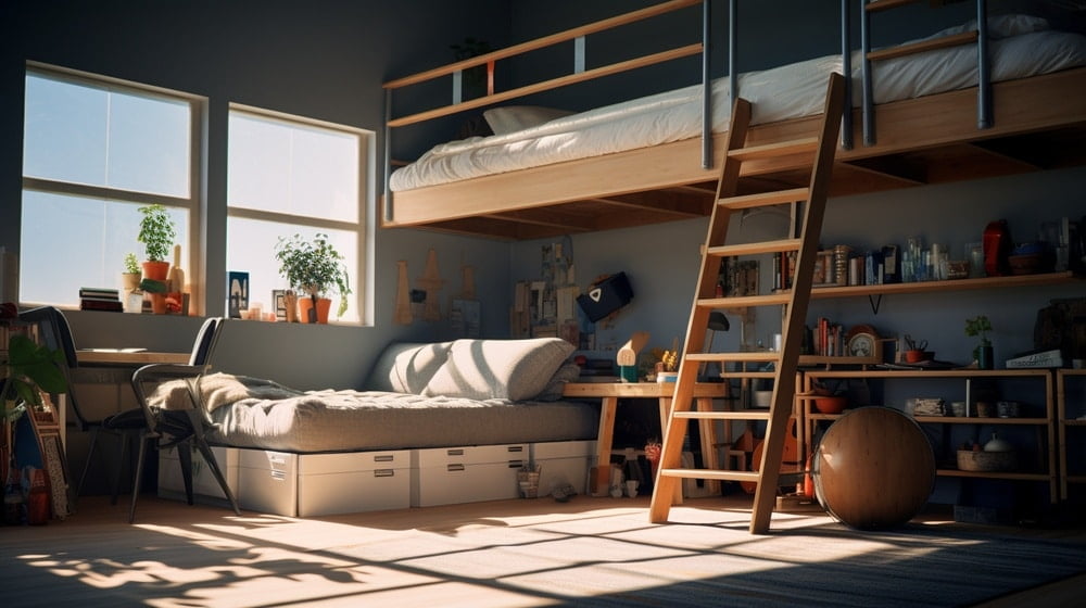 Loft bed with stairs and sofa under it