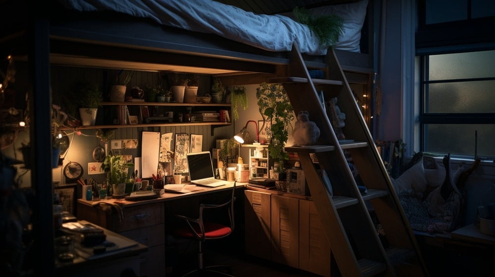 Dark room with loft bed and study table with plants