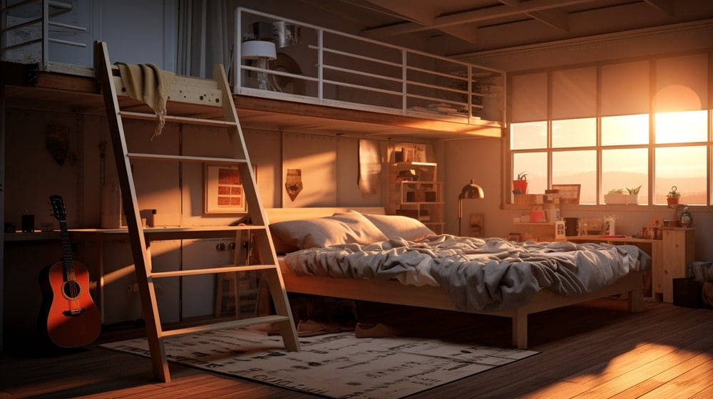 Bedroom with loft area and sunlight entering the room